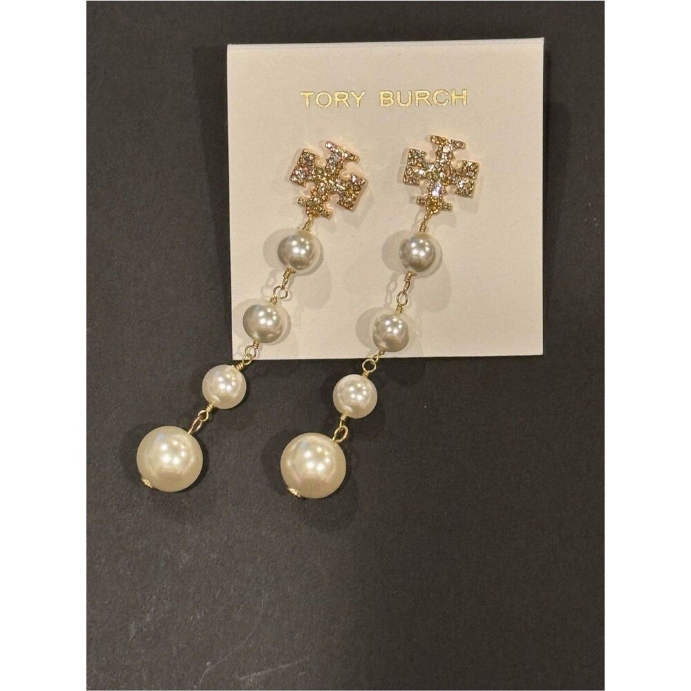 NWT Tory Burch Crystal Double T Logo Graduated Pearl Linear Drop Earrings 3"